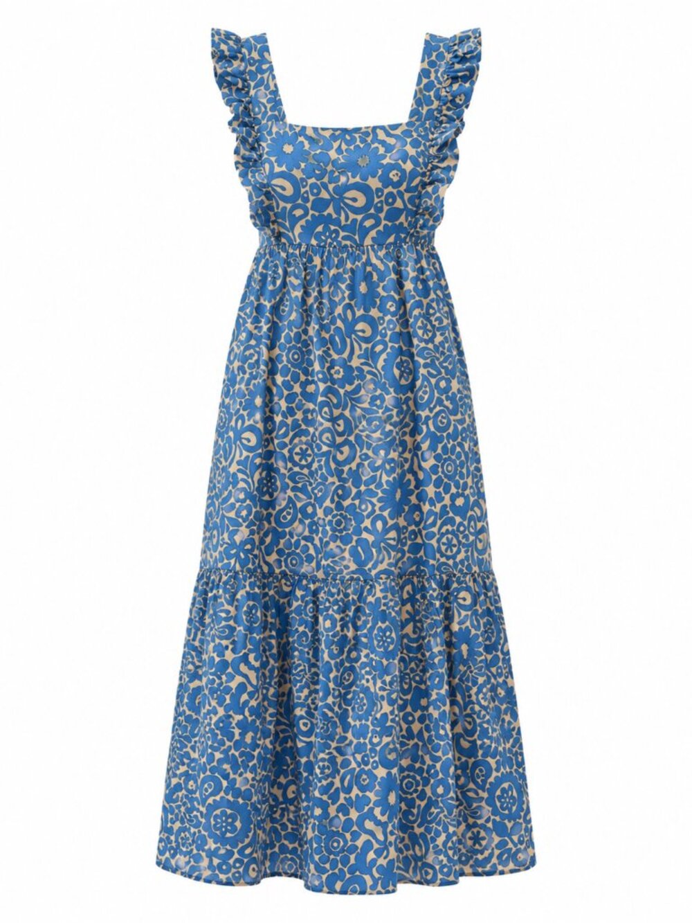 Aakaa Blue Floral Cotton Midi Dress Open Back Bow Ruffle Strap Size M